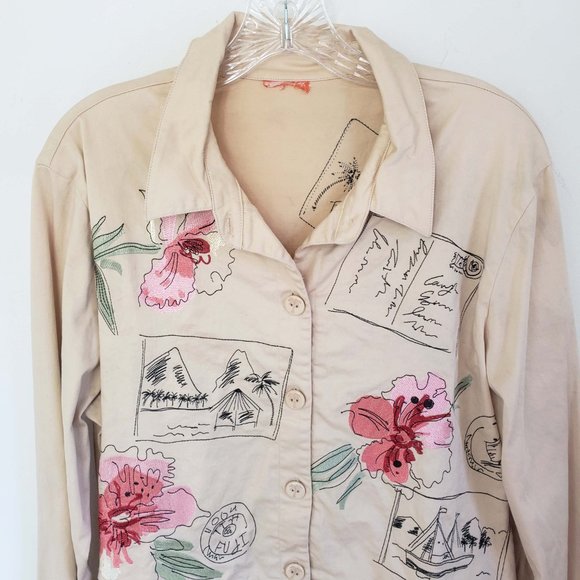 Hearts Of Palm Women's Tan Embroidered Button Down Lightweight Jacket Coat - Picture 2 of 16
